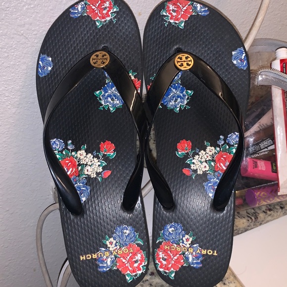 Tory Burch Black Flip Flops with Red and Blue Floral Design - Picture 1 of 7